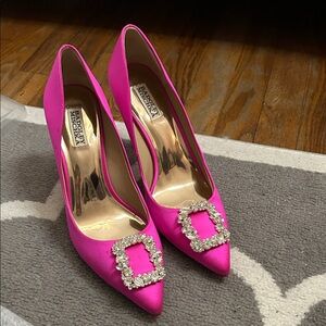 Badgley Mischka Hot Pink Satin Pointed Toe Crystal Buckle Heels